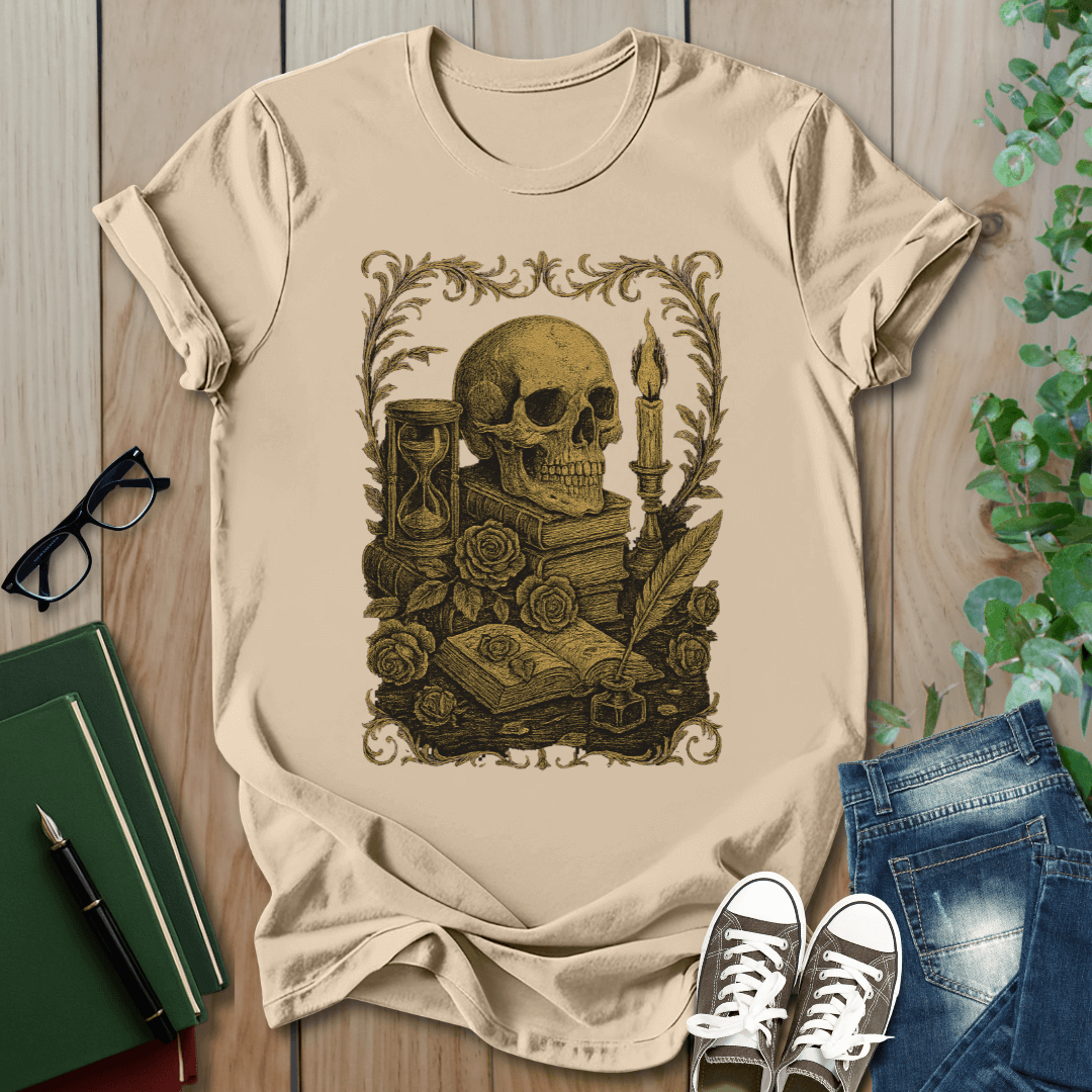 Dark Academia, Stack of Book and Skull - T-Shirt