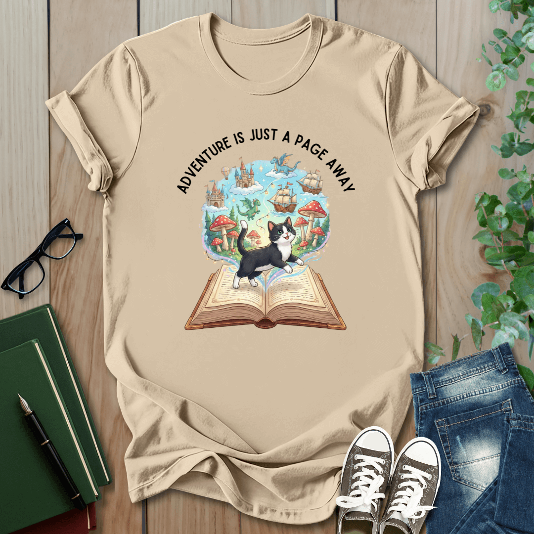 Adventure is Just a Page Away, Cat & Book - T-Shirt