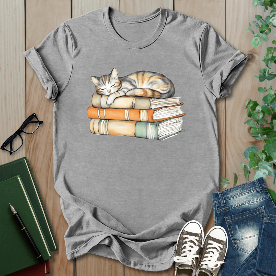 Cat Sleeping On Books - T-Shirt
