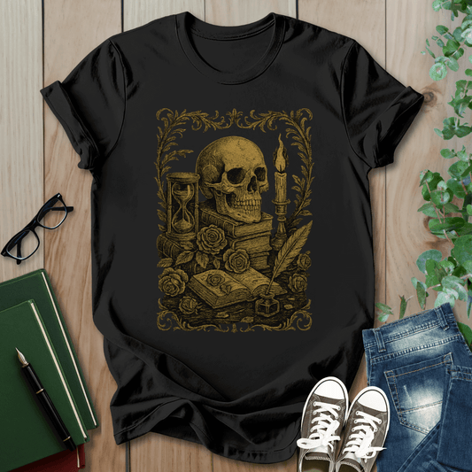 Dark Academia, Stack of Book and Skull - T-Shirt