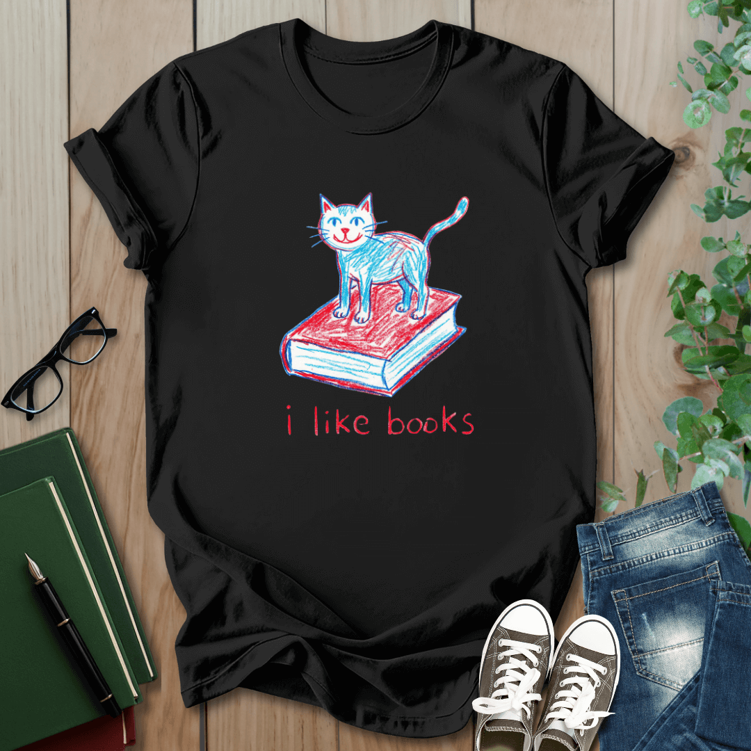 Crayon Cat & Book Drawing, I Like Books - T-Shirt
