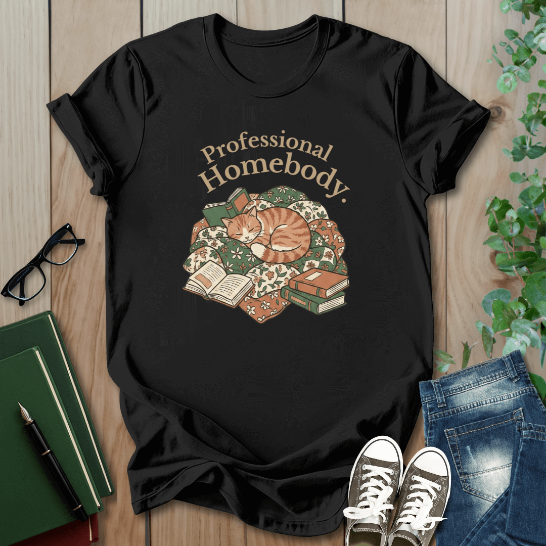 Cat & Books, Professional Homebody - T-Shirt