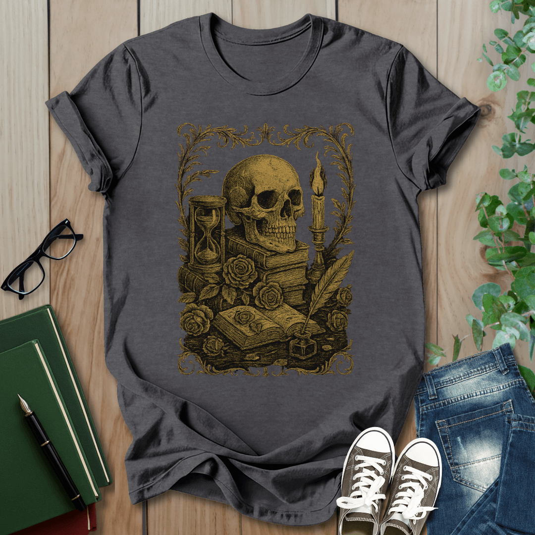 Dark Academia, Stack of Book and Skull - T-Shirt