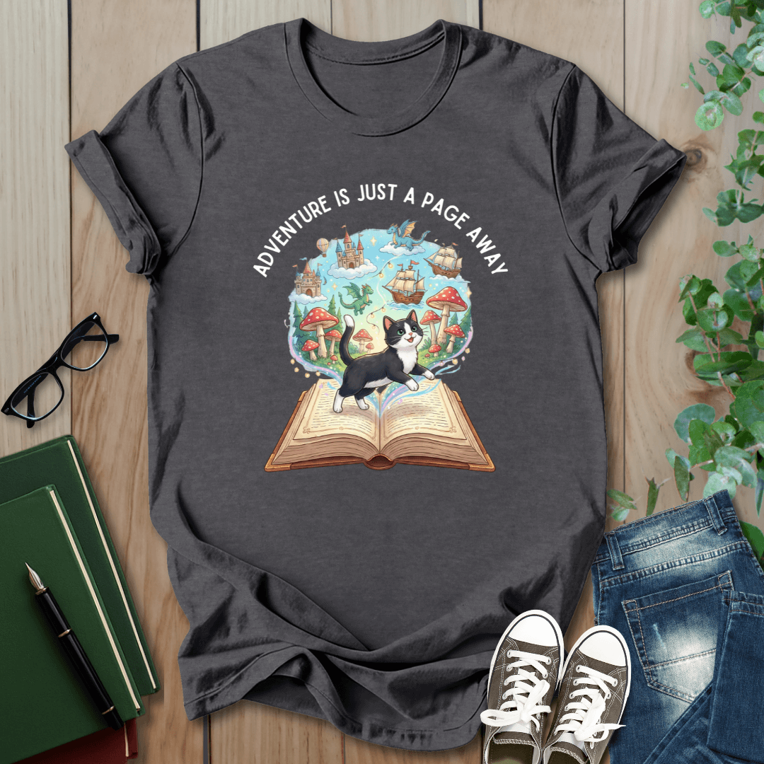 Adventure is Just a Page Away, Cat & Book - T-Shirt