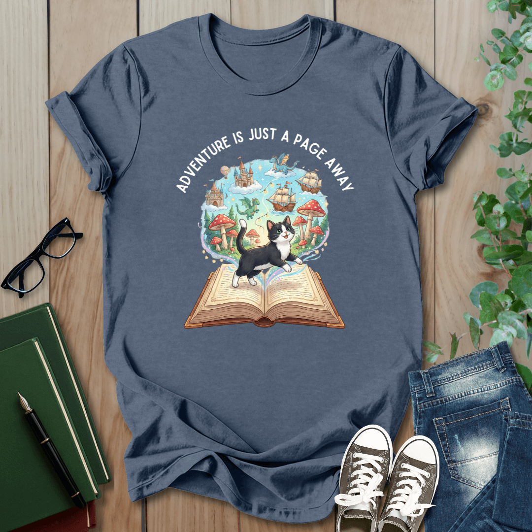 Adventure is Just a Page Away, Cat & Book - T-Shirt