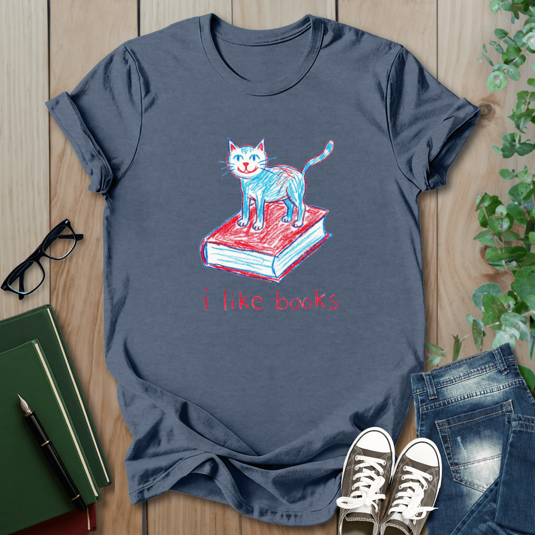 Crayon Cat & Book Drawing, I Like Books - T-Shirt