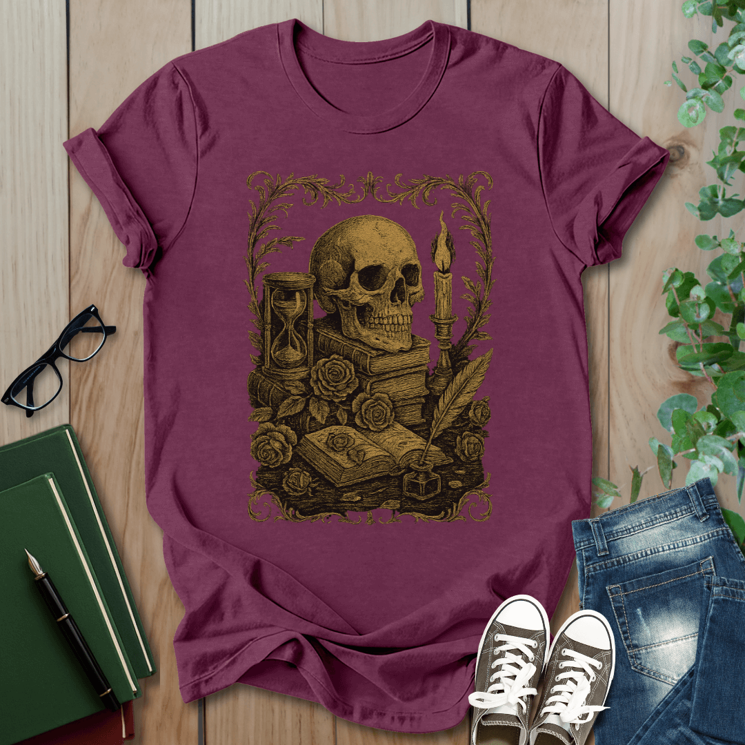 Dark Academia, Stack of Book and Skull - T-Shirt