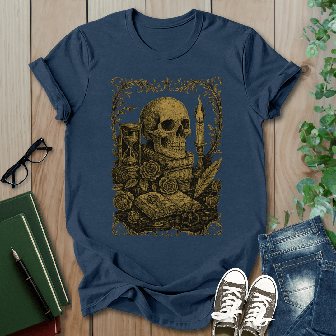 Dark Academia, Stack of Book and Skull - T-Shirt