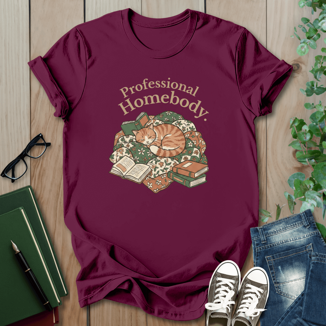 Cat & Books, Professional Homebody - T-Shirt