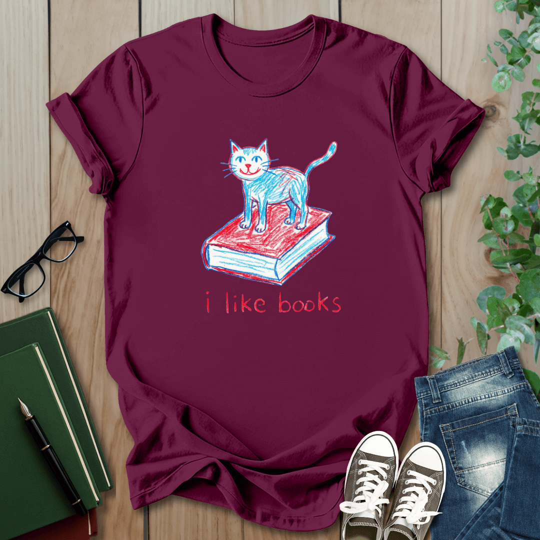 Crayon Cat & Book Drawing, I Like Books - T-Shirt