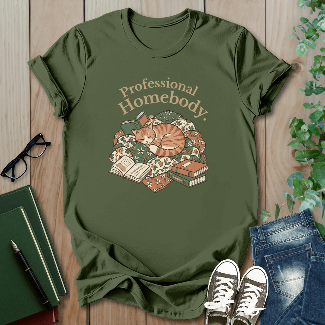 Cat & Books, Professional Homebody - T-Shirt