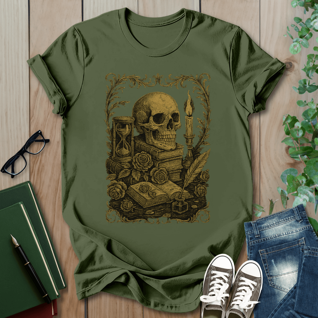 Dark Academia, Stack of Book and Skull - T-Shirt
