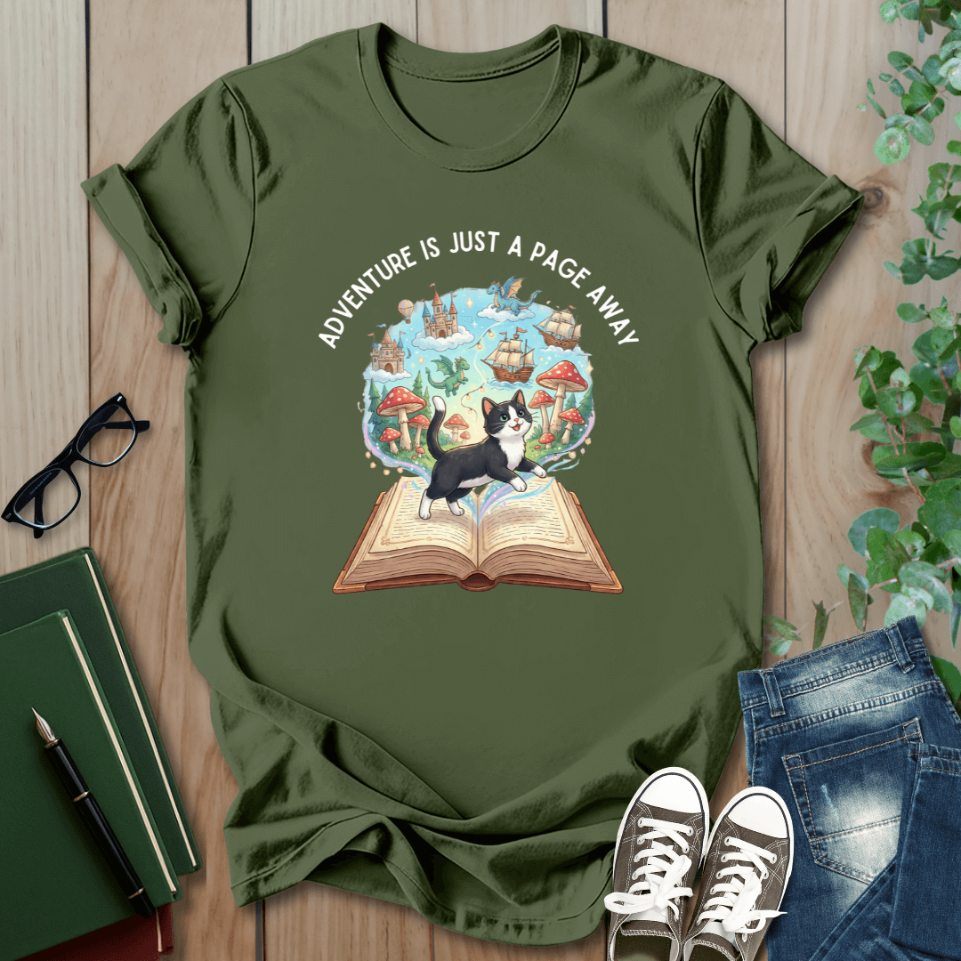 Adventure is Just a Page Away, Cat & Book - T-Shirt