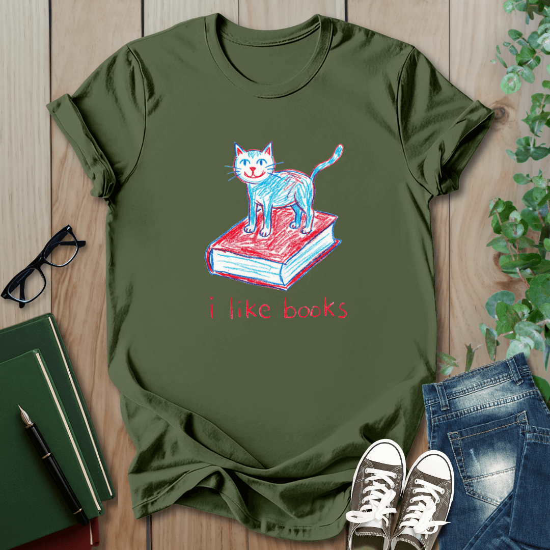 Crayon Cat & Book Drawing, I Like Books - T-Shirt