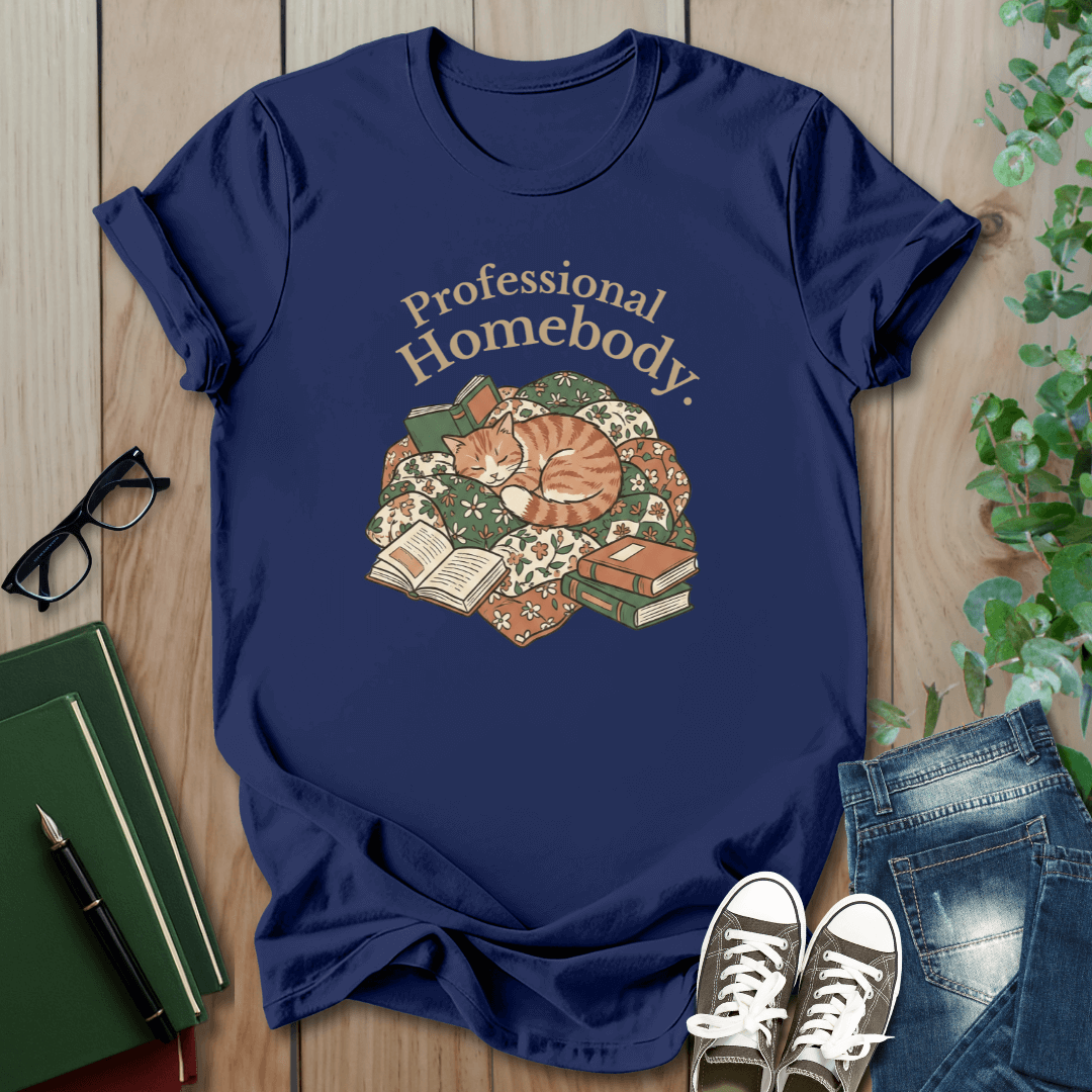 Cat & Books, Professional Homebody - T-Shirt