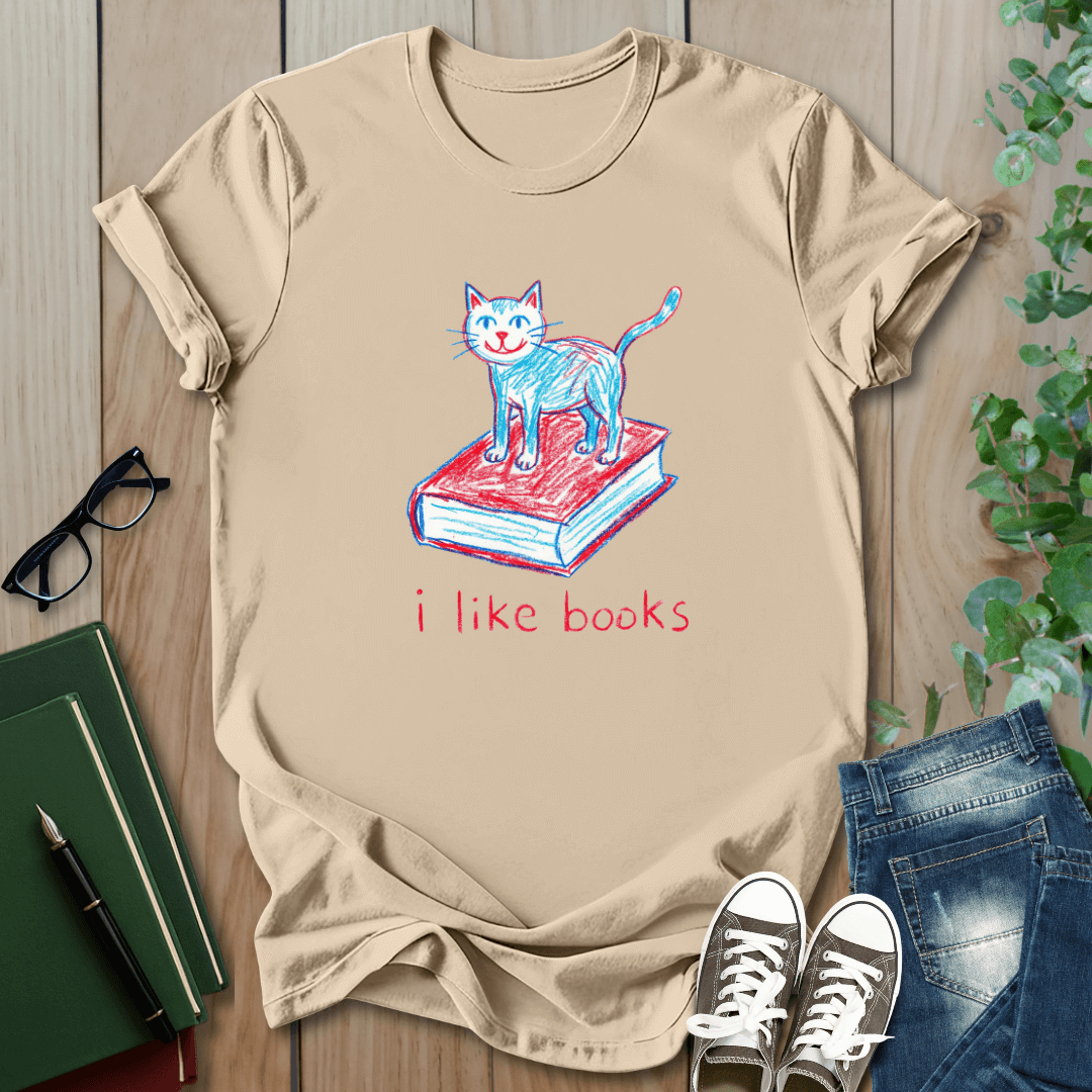 Crayon Cat & Book Drawing, I Like Books - T-Shirt