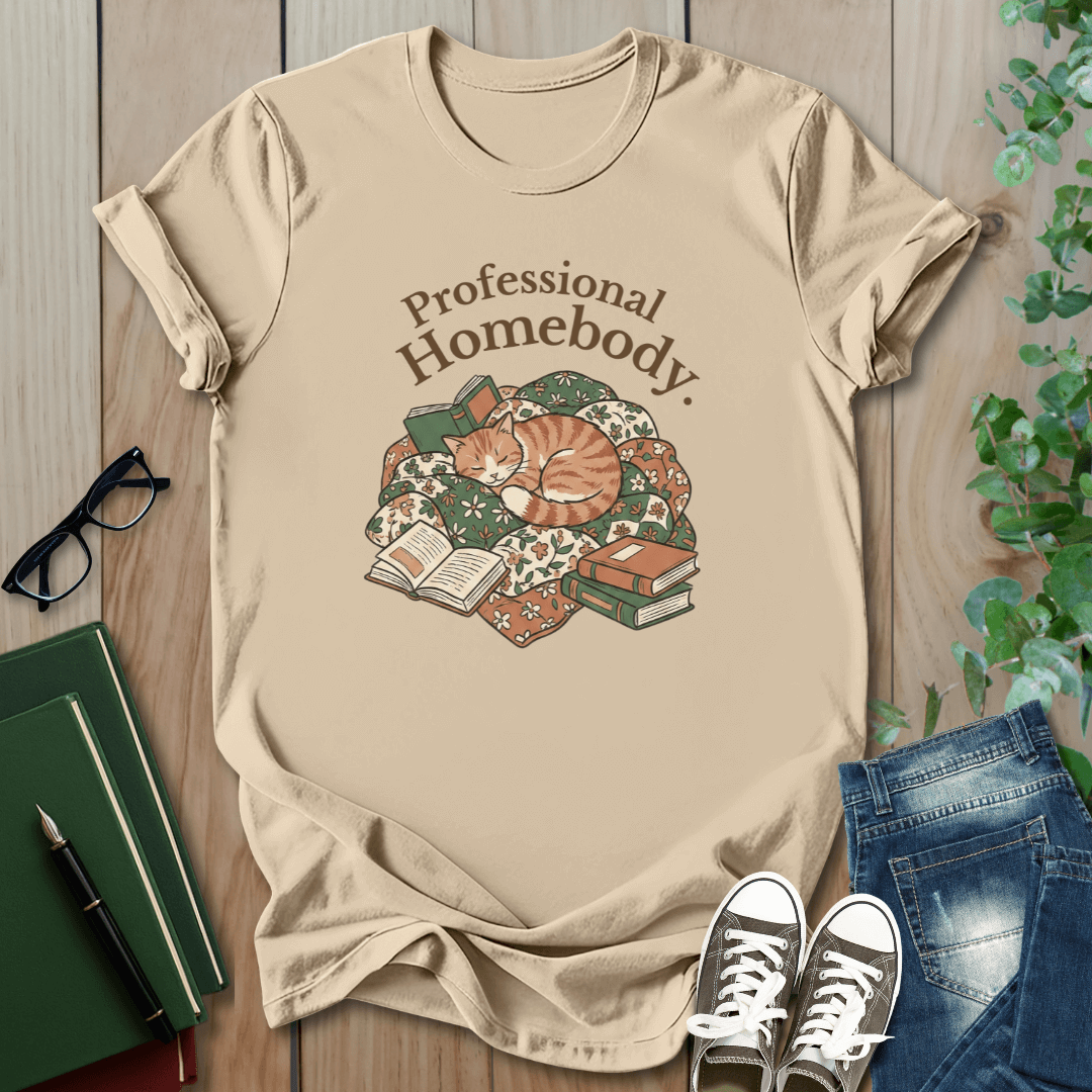 Cat & Books, Professional Homebody - T-Shirt