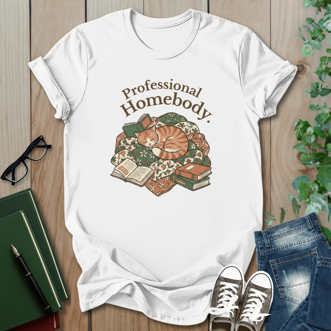 Cat & Books, Professional Homebody - T-Shirt