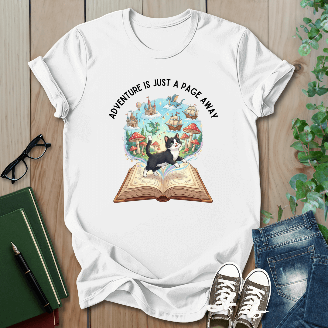 Adventure is Just a Page Away, Cat & Book - T-Shirt