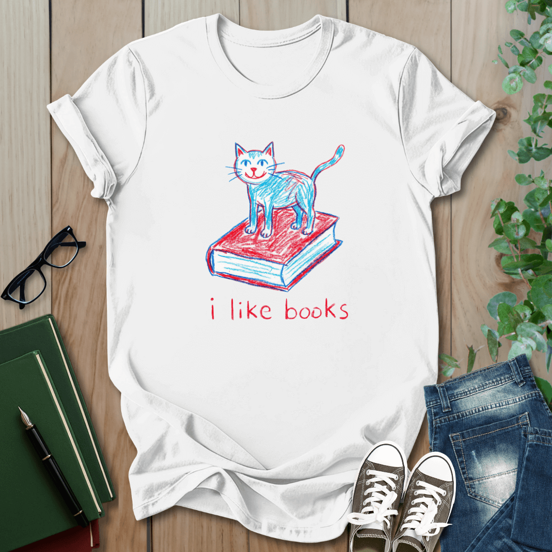 Crayon Cat & Book Drawing, I Like Books - T-Shirt